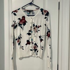 WHBM cream, green, berry button down cardigan with silver snaps.